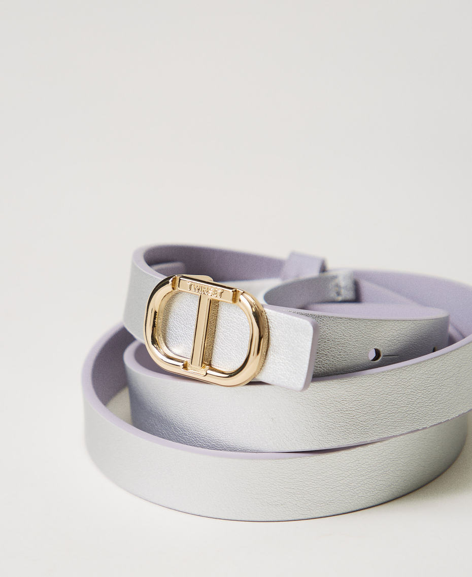 Ceinture fine r&eacute;versible en cuir Bicolore Fleurs de Lilas/Silver Femme 251TO5051_12408_03
