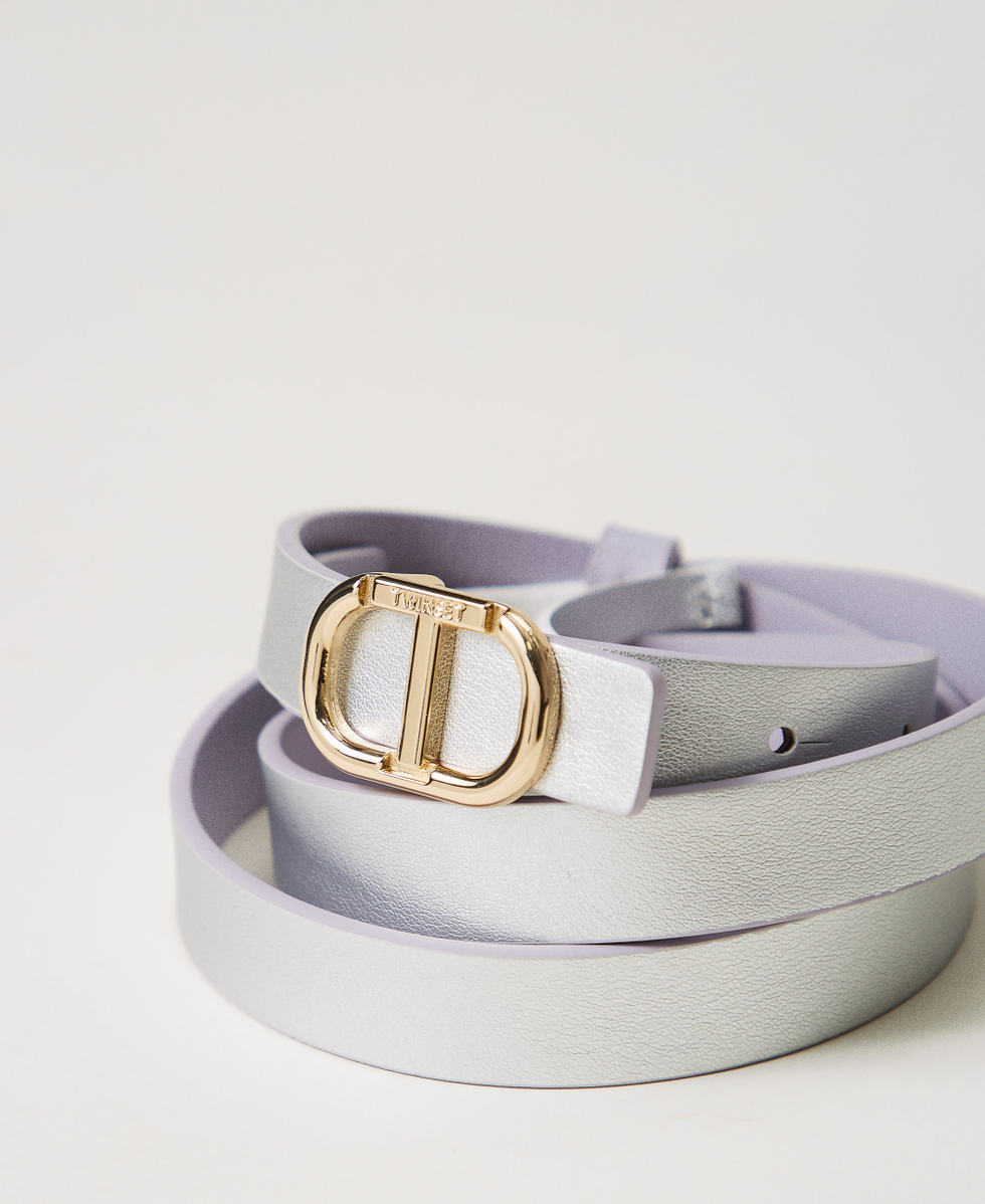 Thin reversible leather belt Two-tone Lilac Bloom/Silver Woman 251TO5051_12408_03