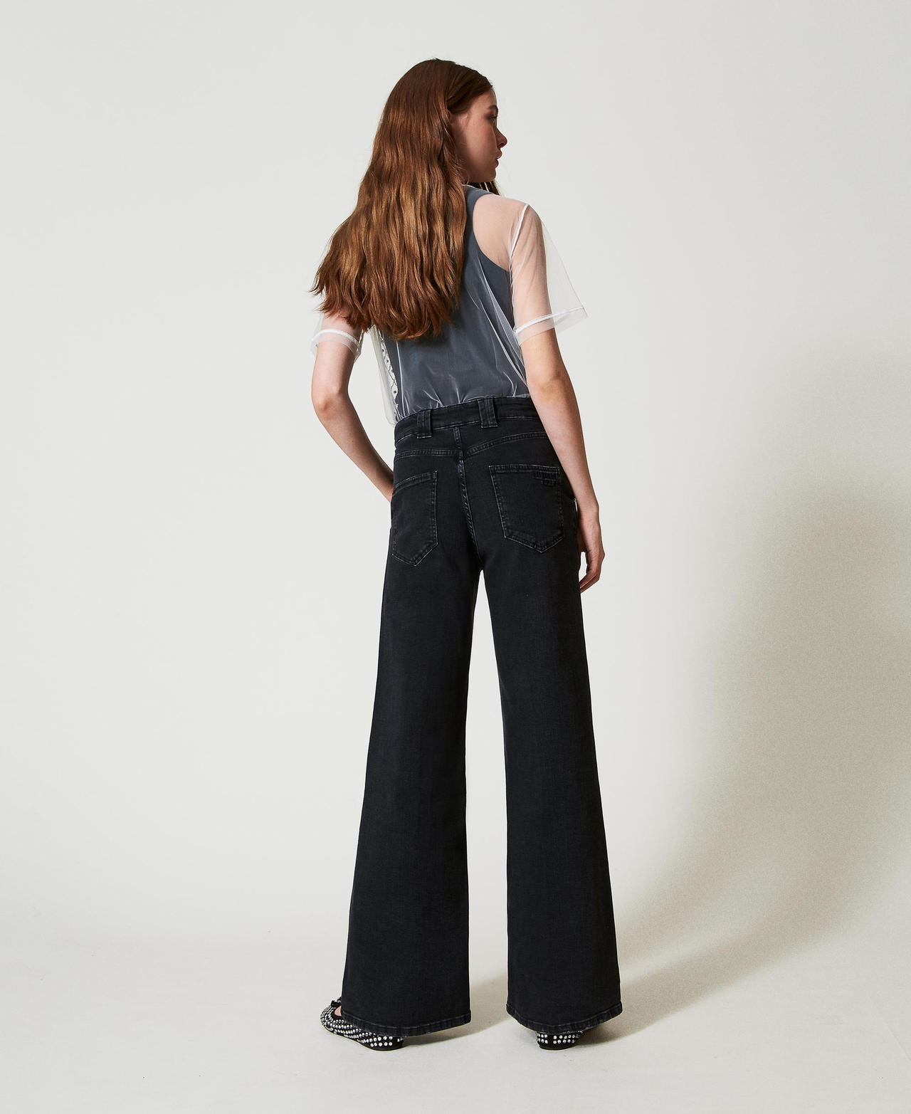 Wide leg jeans with permanent crease Black Denim Woman 251AP2373_01103_02