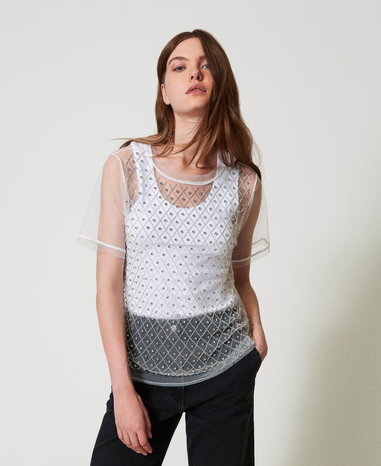 Embroidered tulle T-shirt with top "Papers" White Woman 251AP2120_00840_01