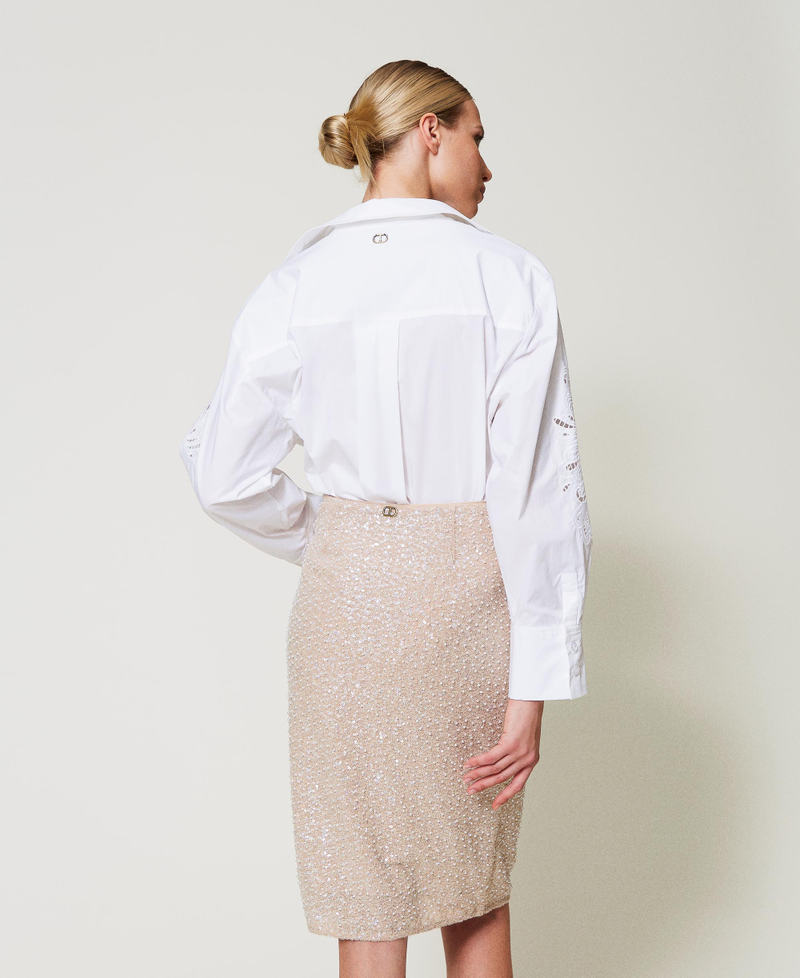 Midi skirt with sequins and pearls Snow/Delicate Beige Sequin & Pearl Embroidery Woman 251TP2200_12254_03