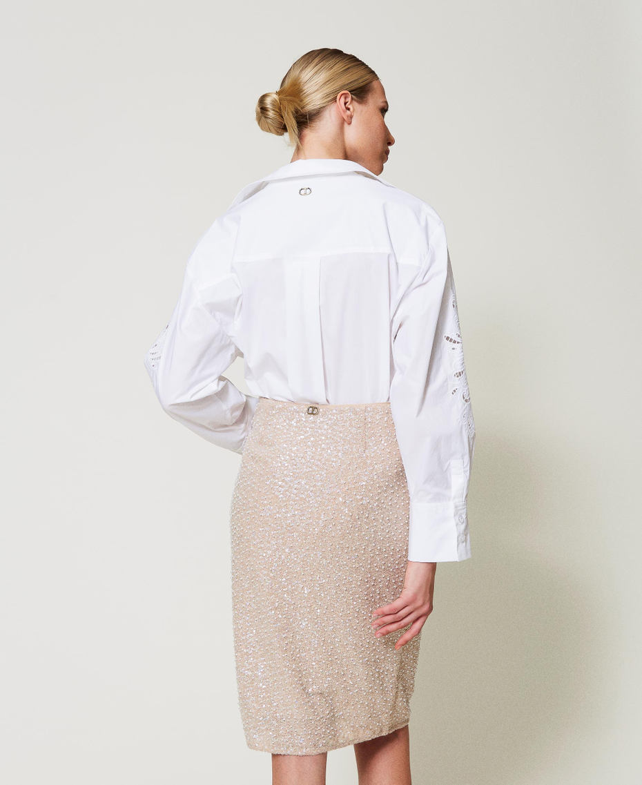 Midi skirt with sequins and pearls Snow/Delicate Beige Sequin & Pearl Embroidery Woman 251TP2200_12254_03