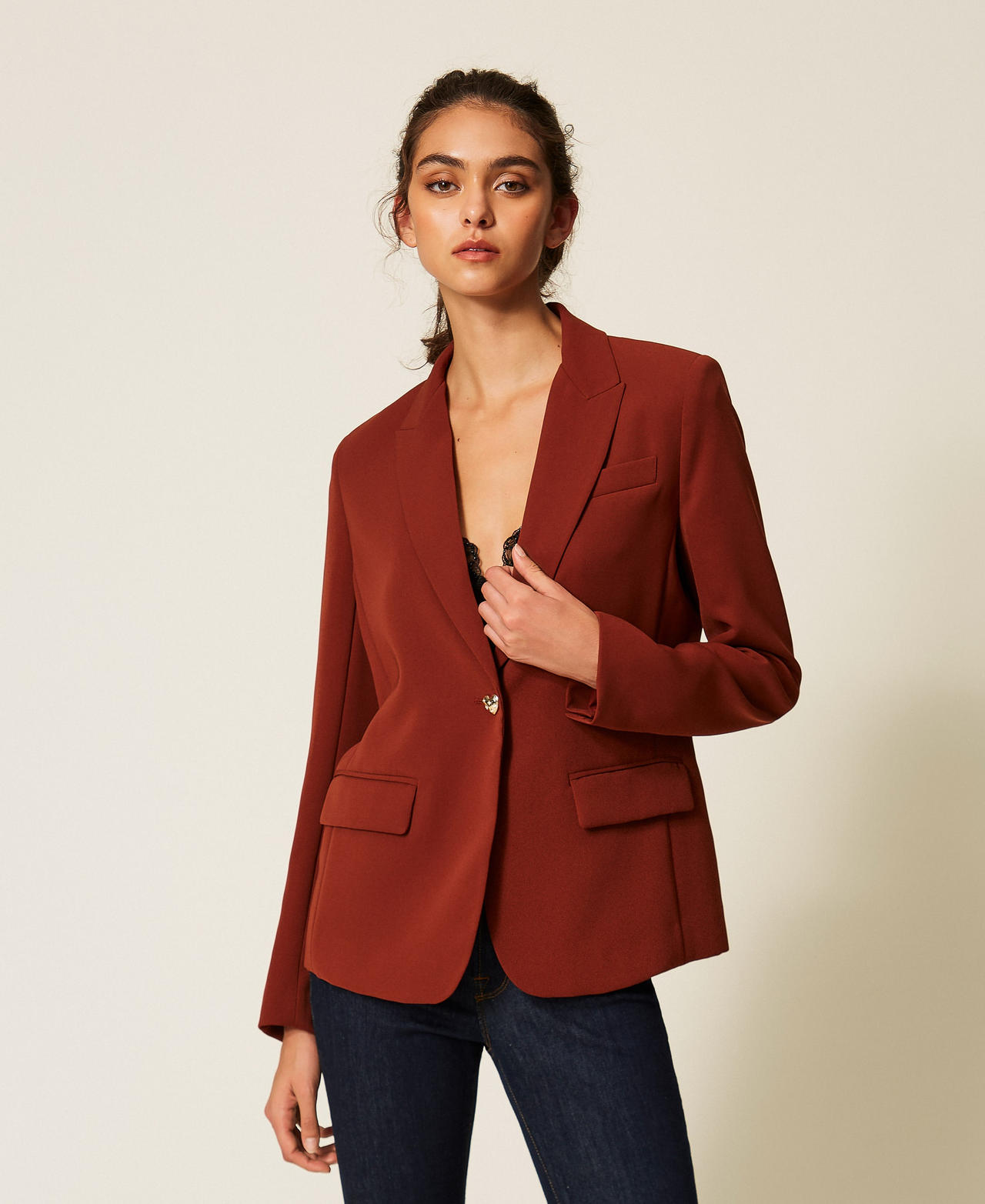 Twinset Women's "Cherry Wood" Brown Crêpe Blazer With Heart-Shaped Button