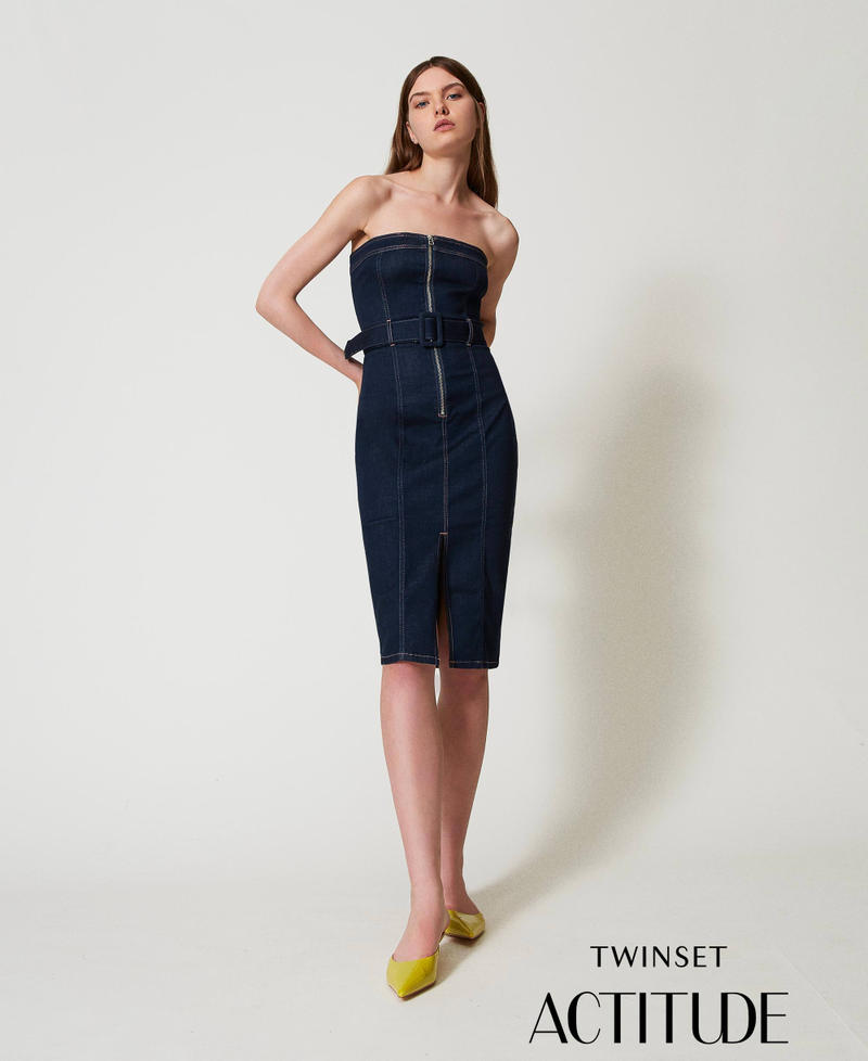 Midi denim bustier dress Rinsed Denim Woman 251AP2350_06295_PA