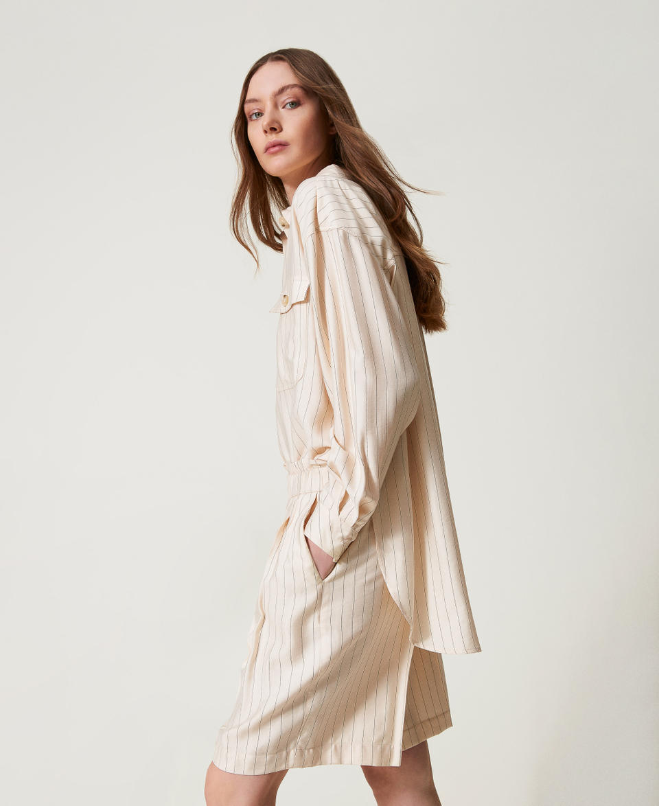 Pinstripe Bermuda shorts with elastic Beige/Black Pinstripe Woman 251LL2AFF_12247_01