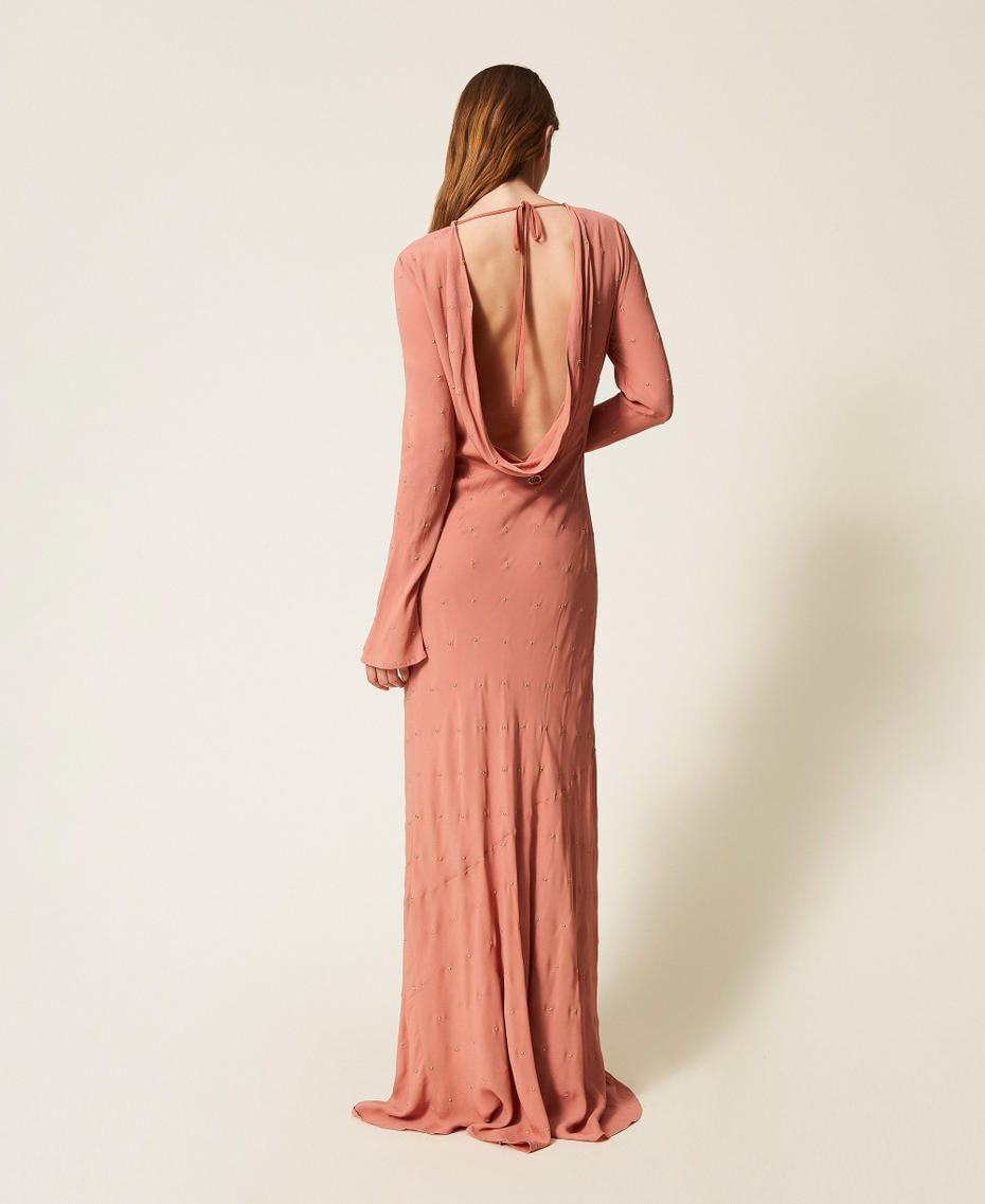 Long dress with lurex embroidery and deep neckline Rust Brown Woman 252TP2035_12608_03
