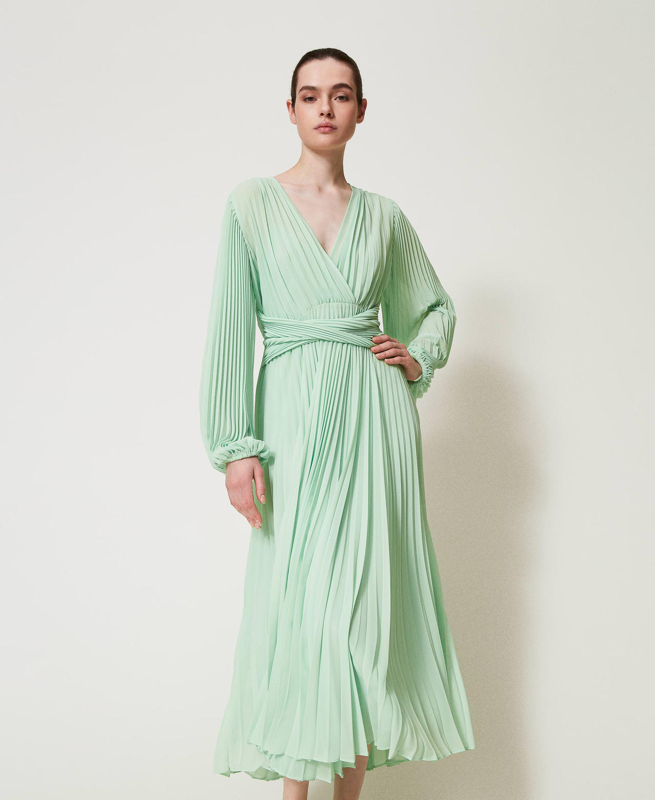 Long pleated georgette dress Mint Woman 251TP2330_12080_01