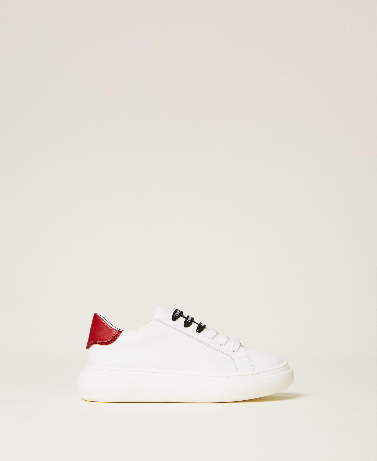 Twinset Girls Two-Tone Off White/Red Ruby Leather Trainers With Logo