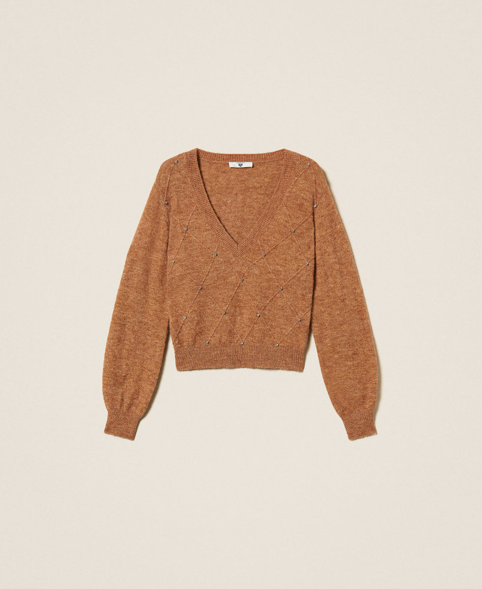 Pull avec losanges et broderie Camel Chin&eacute; Femme 252LL3ABB_12813_S0