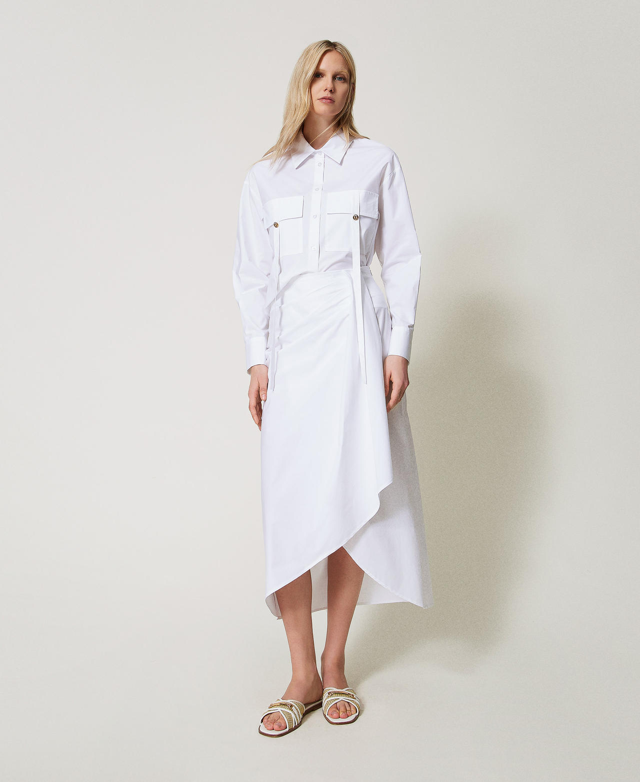 Long poplin skirt with draping White Woman 251TF2021_00001_02
