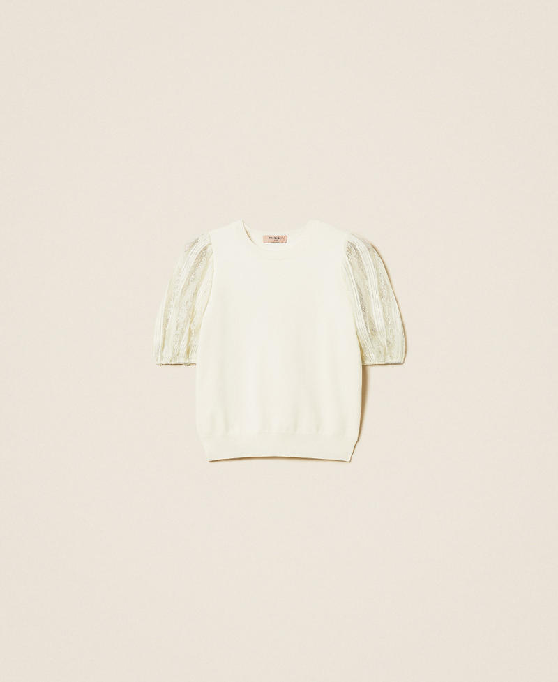 Short sleeve jumper with lace Mother Of Pearl Woman 261TP3431_00059_S0