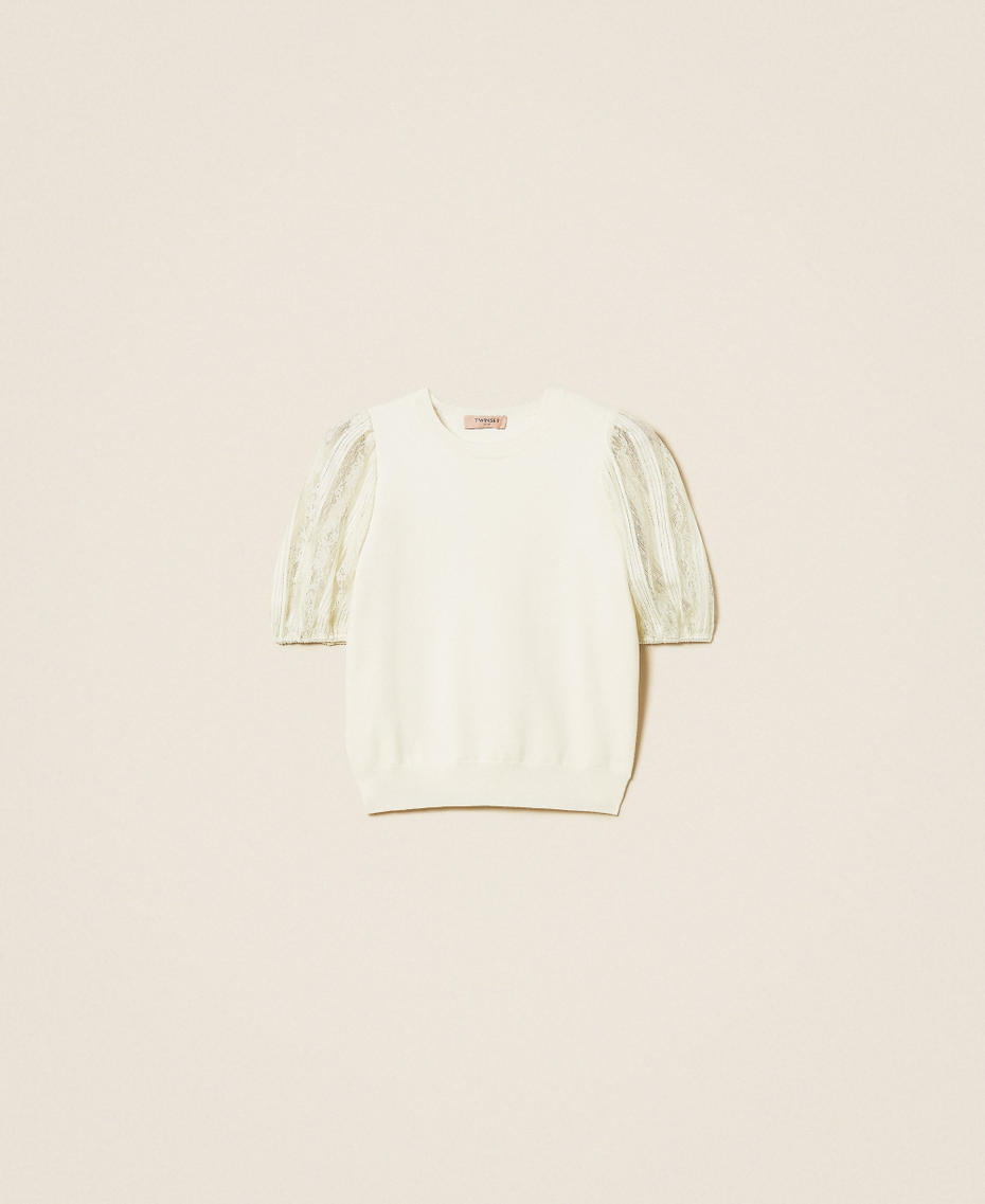 Short sleeve jumper with lace Mother Of Pearl Woman 261TP3431_00059_S0