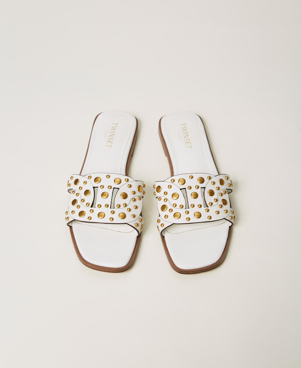 Sandali slide in pelle con borchie Bianco Neve Donna 251TGT072_00282_04