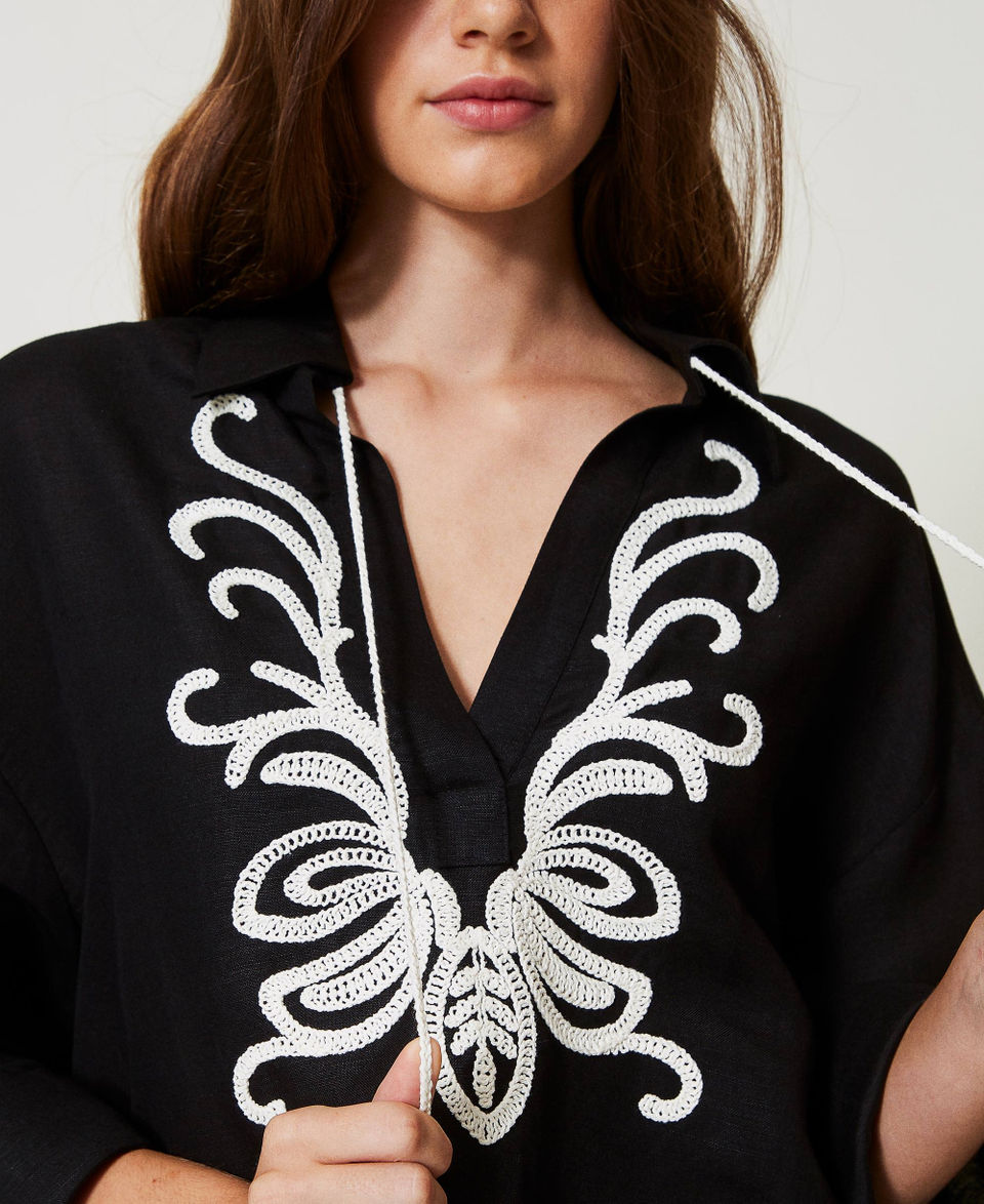Linen blend blouse with embroidery Bicolour Black / Mother-of-pearl White Woman 251LB2FCC_02710_04