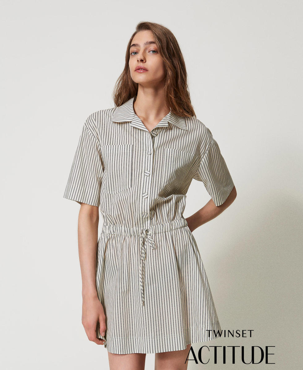 Robe courte en popeline ray&eacute;e Bicolore Ivoire / Noir Femme 251AX2100_06172_PA