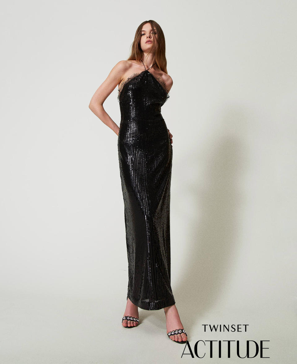 Twin Set Abito lungo in paillettes con pizzo