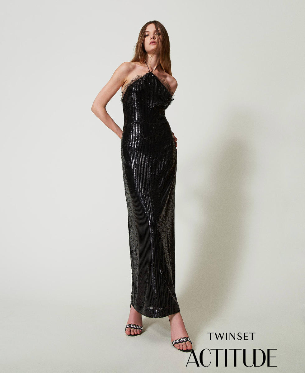 Long sequin dress with lace Woman, Black | TWINSET Milano
