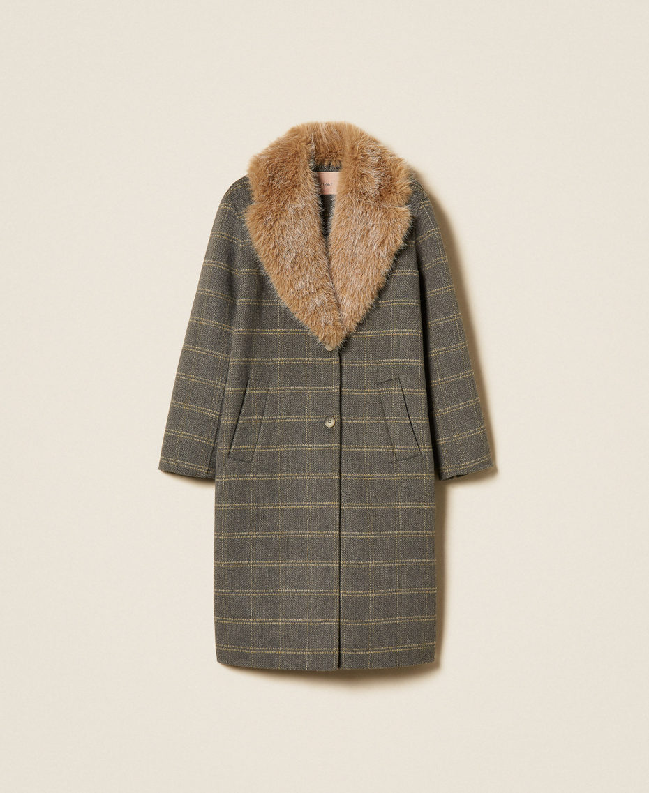 Chequered double wool coat with faux fur Grey Melange/Mustard Check Woman 262TP2220_13841_S0