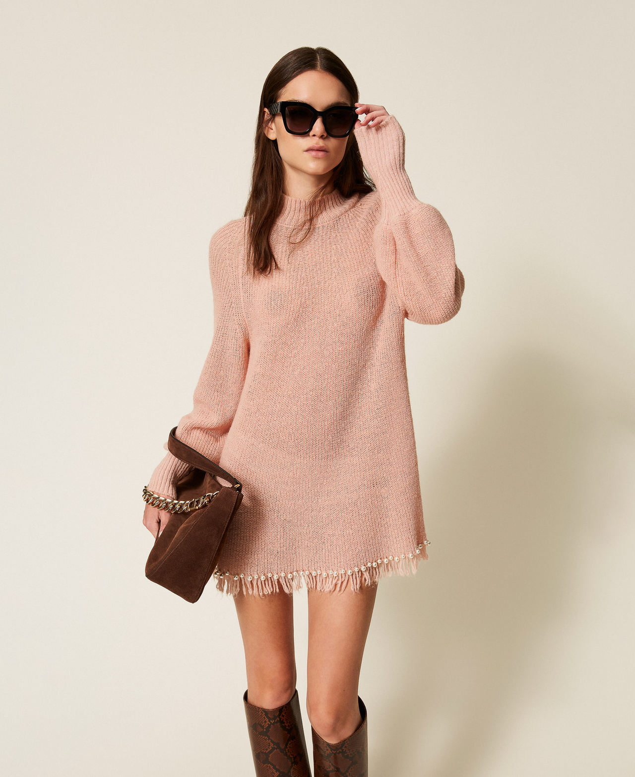 Turtle neck jumper with fringes and pearls Pink Dust Woman 252LL3CBB_12536_01