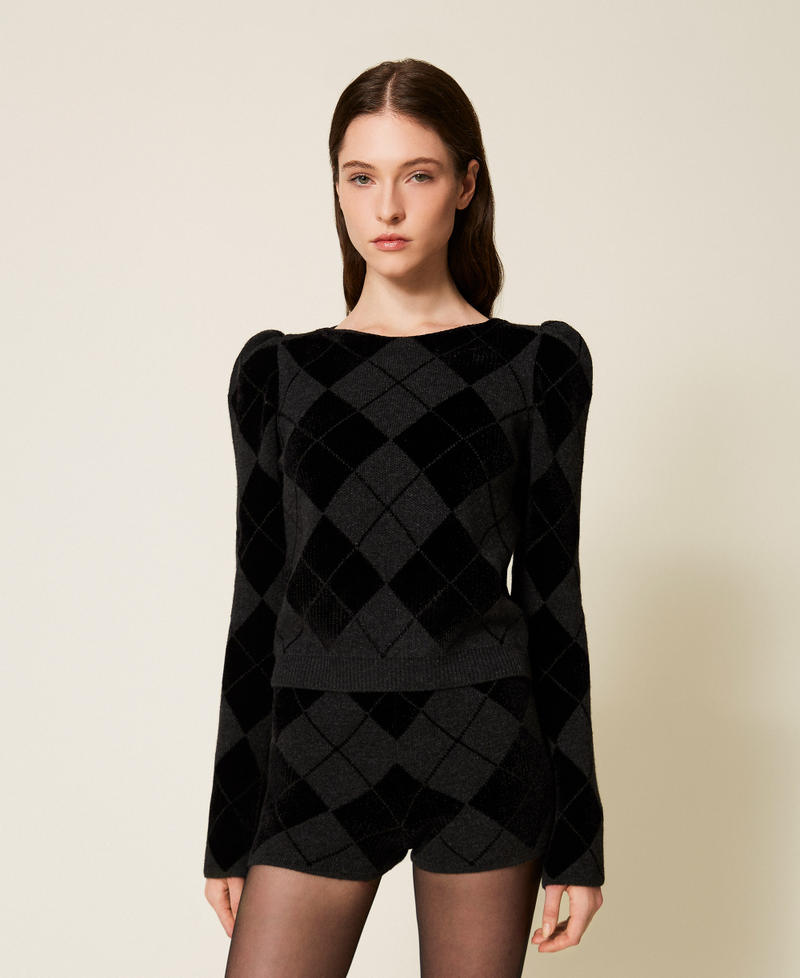 Diamond pattern jumper with inlays Two tone Charcoal/Black Woman 252TS3370_11247_01