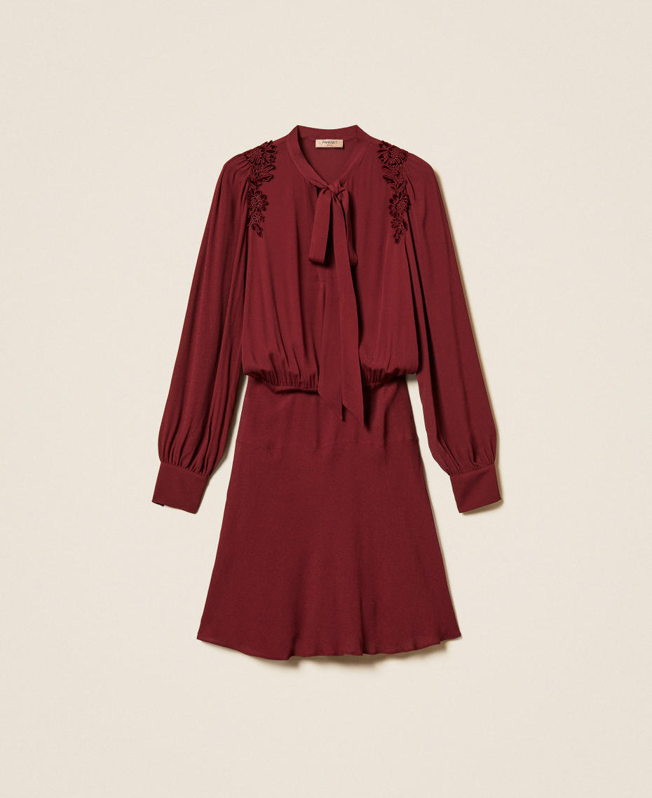 Robe courte en cr&ecirc;pe de Chine avec broderies Bordeaux Femme 262TT2460_00020_S0