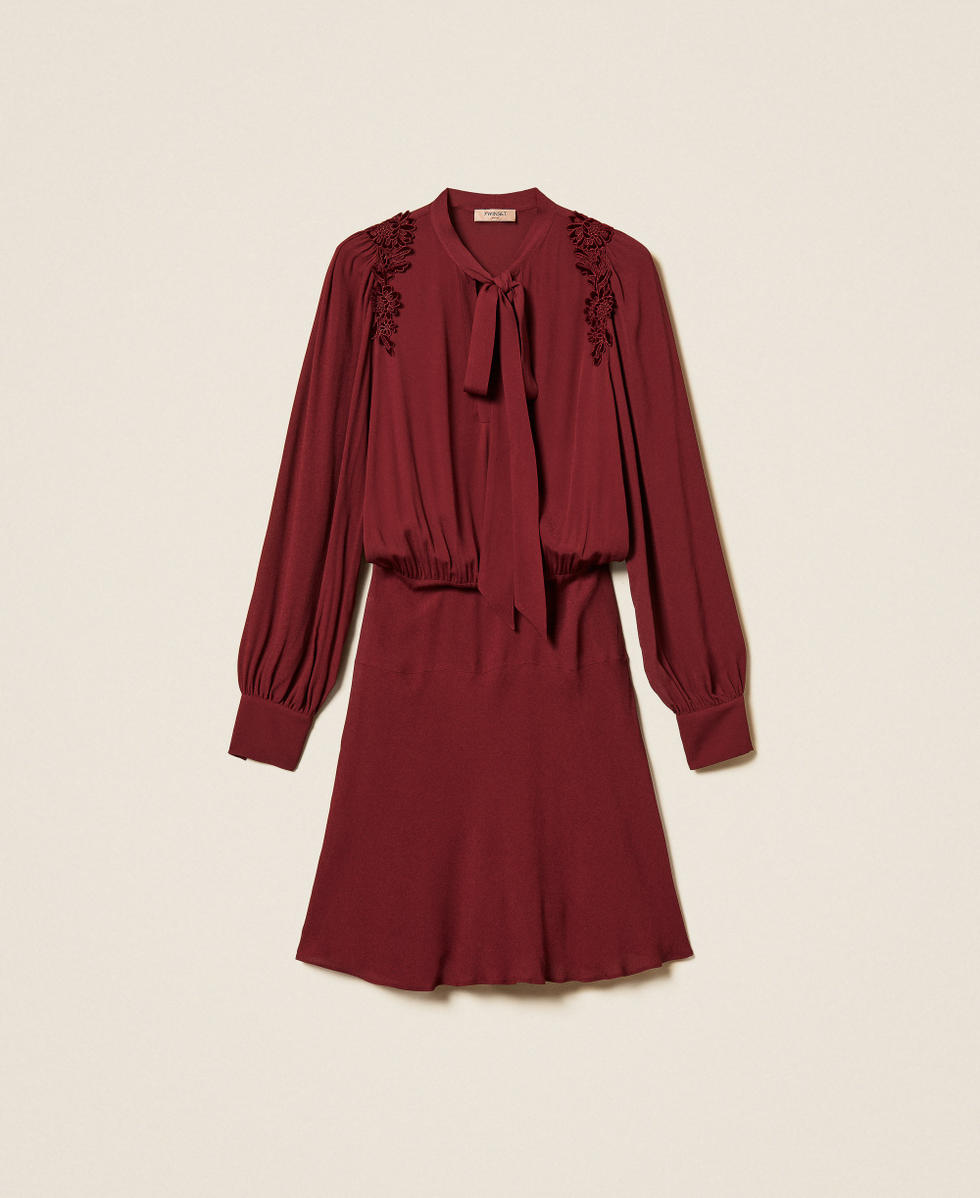Abito corto in cr&ecirc;pe de Chine con ricami Bordeaux Donna 262TT2460_00020_S0