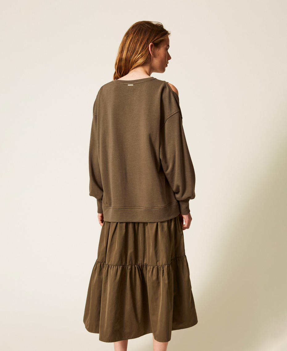 Plush fabric and taffeta long dress Green Olive Woman 252LI2GEE_12655_03