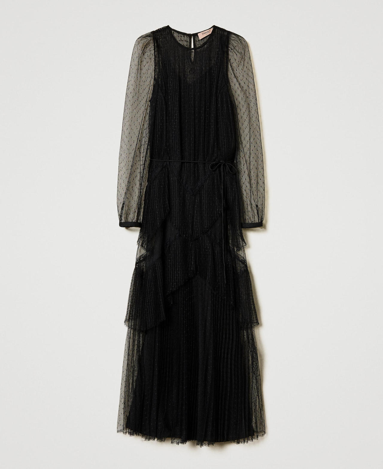 Robe longue en tulle plissé avec volants Noir Femme 251TP2510_00006_0S