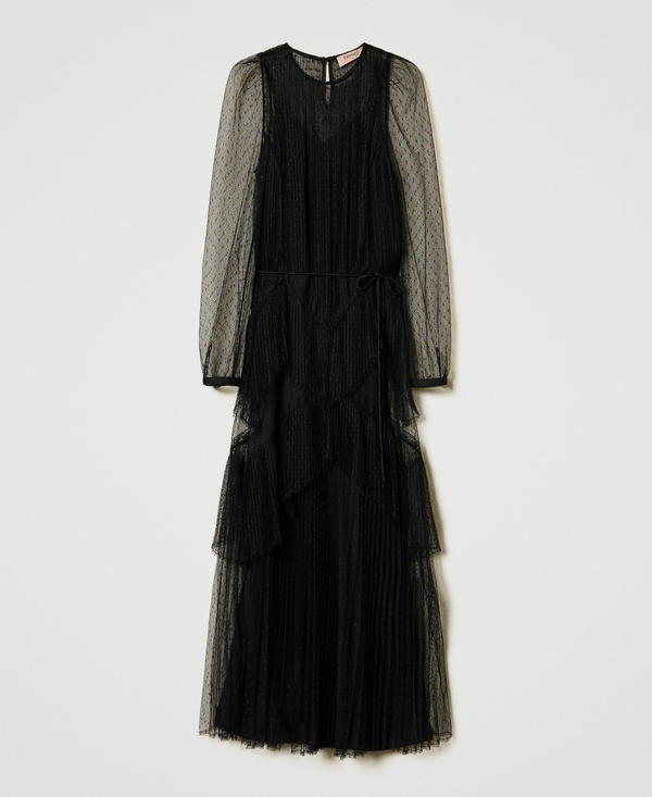 Long tulle dress with pleated flounces