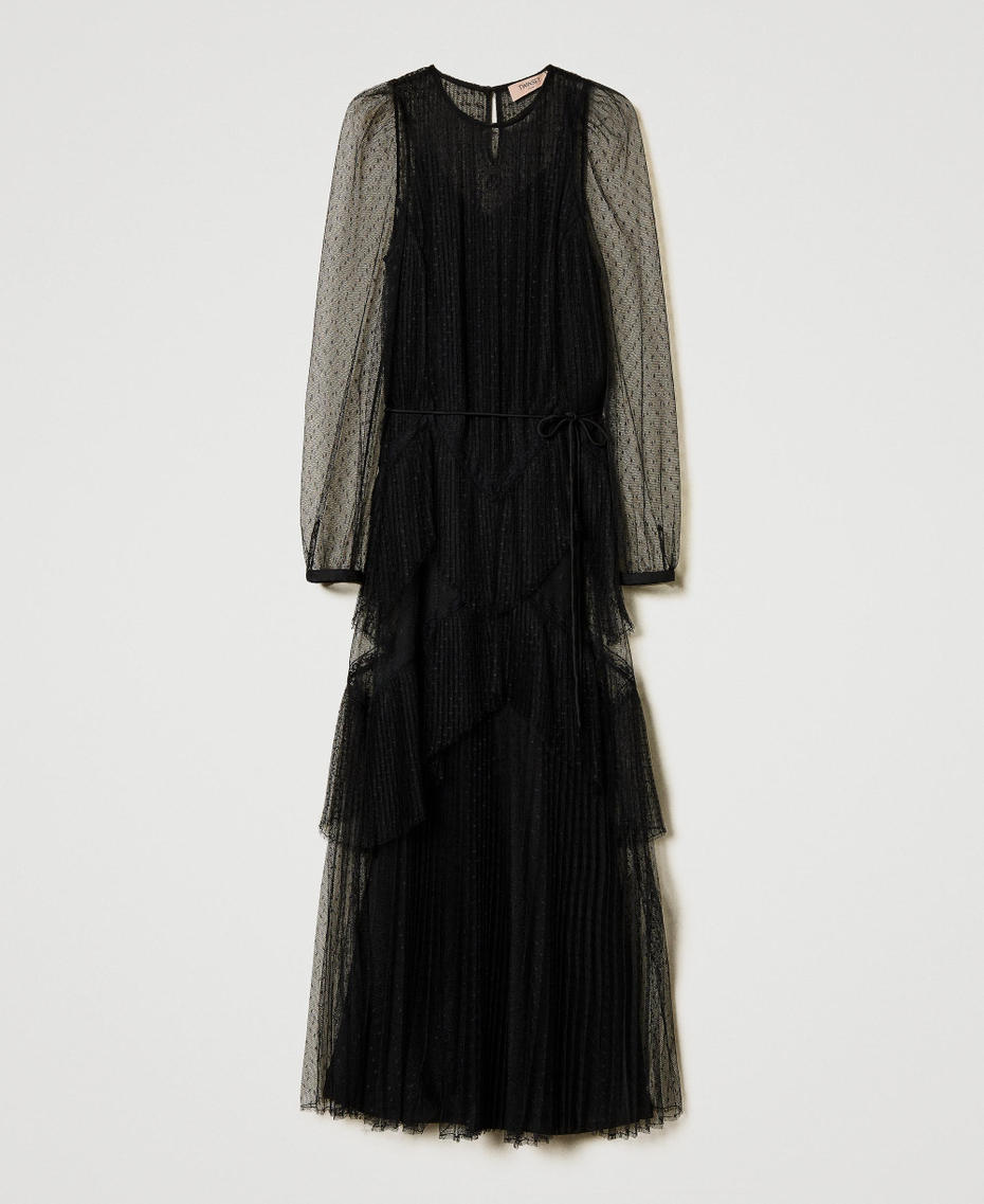 Long tulle dress with pleated flounces Black Woman 251TP2510_00006_S0
