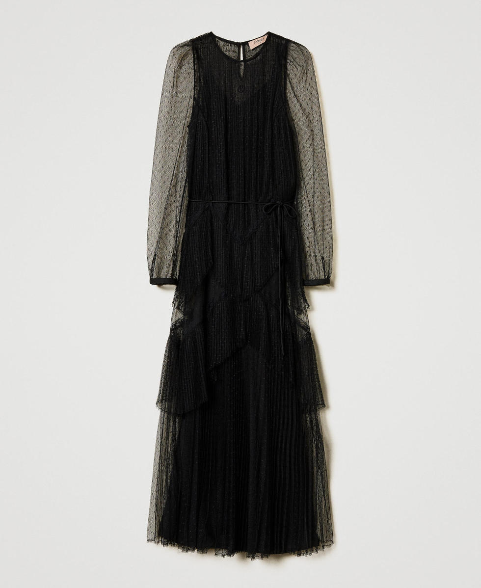 Robe longue en tulle pliss&eacute; avec volants Noir Femme 251TP2510_00006_S0