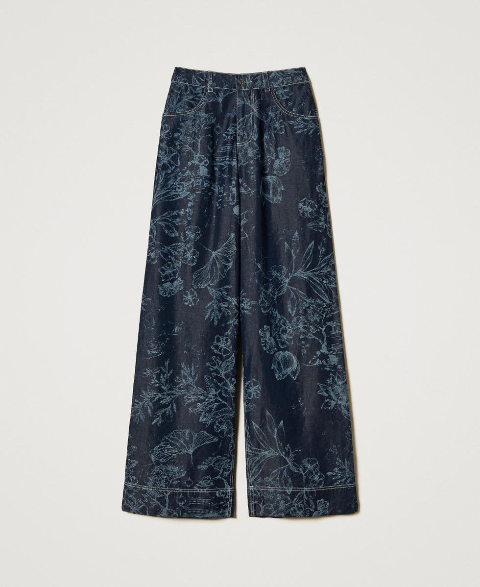 MYFO Palazzohose aus Denim mit Blumenmotiv