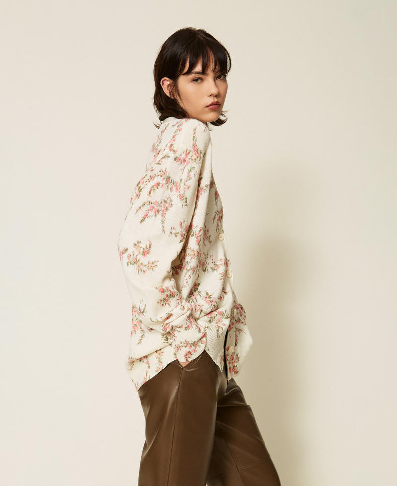 Wool blend knitted maxi cardigan with floral pattern "Snow" White Multicolour Floral Print Woman 262TP3431_13952_02