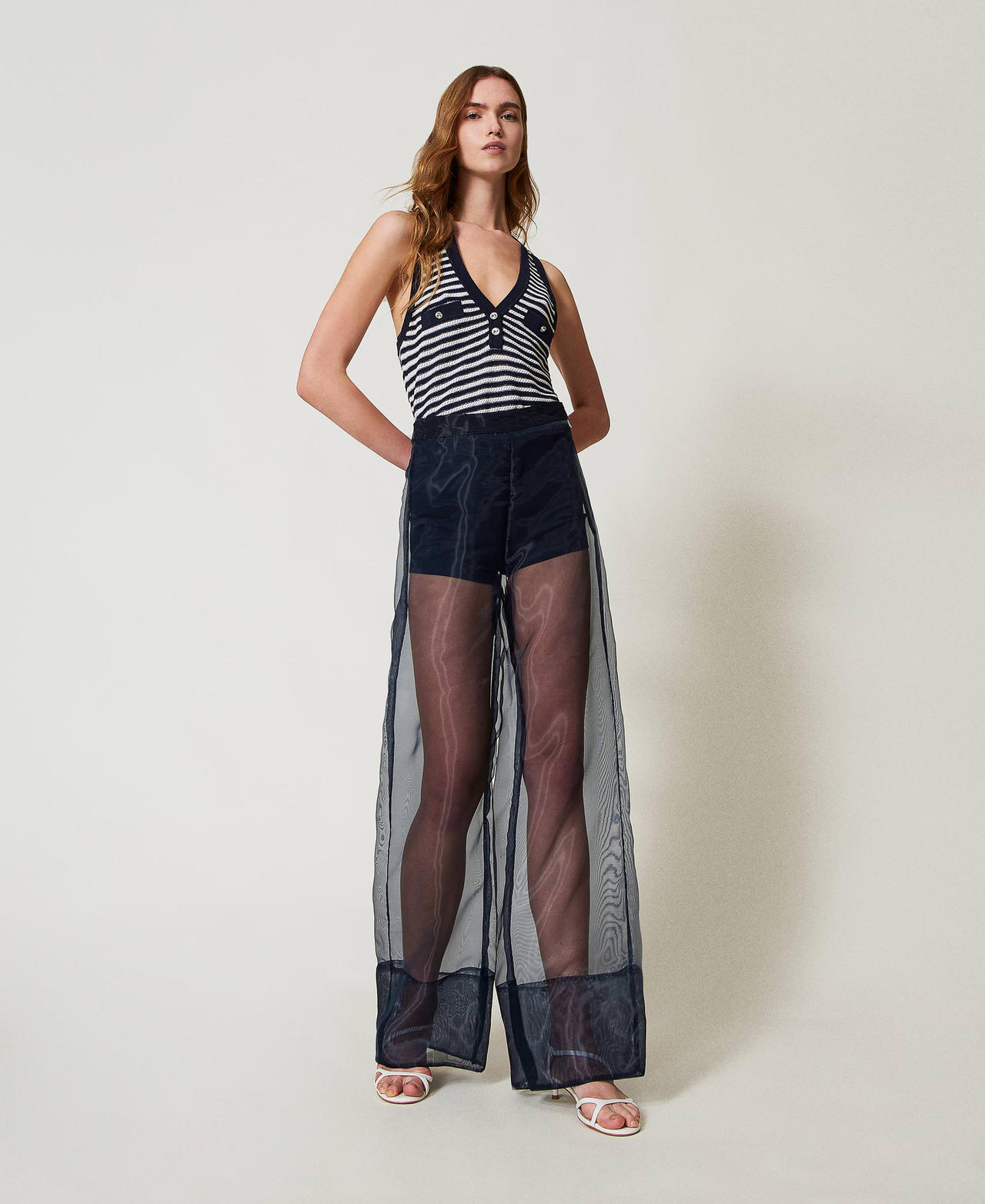 Wide leg organza trousers Deep Blue Woman 251AP2514_03585_01