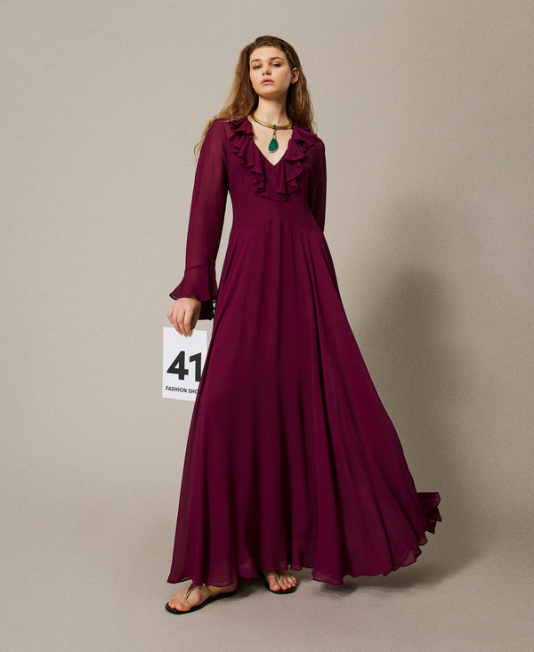'Capri' long dress in georgette with ruffles