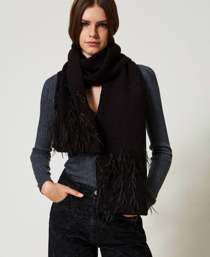 Jacquard scarf with feathers Black Woman 242AA4050_00006_S0