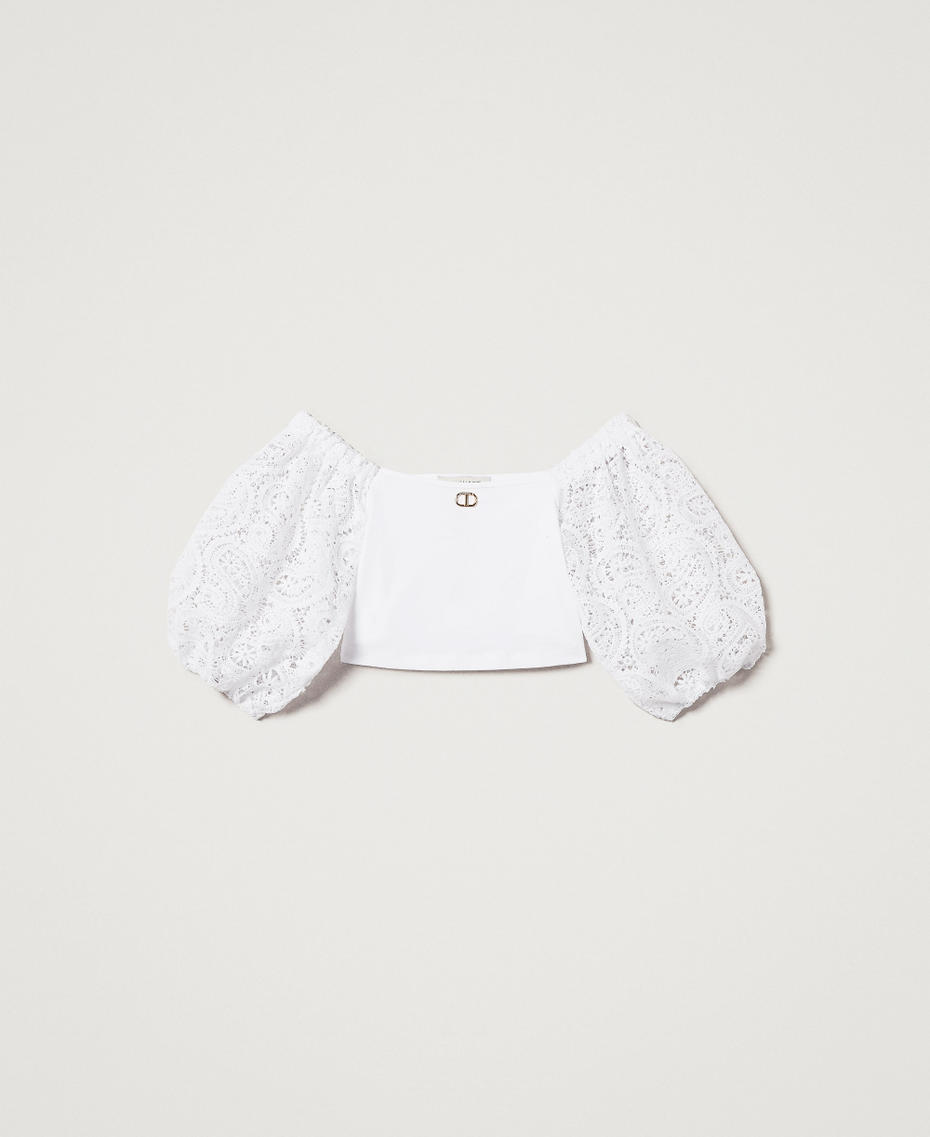 Top con maniche balloon in pizzo macram&egrave; Bianco "Ice" Bambina 251GJ2QR9_00808_S0