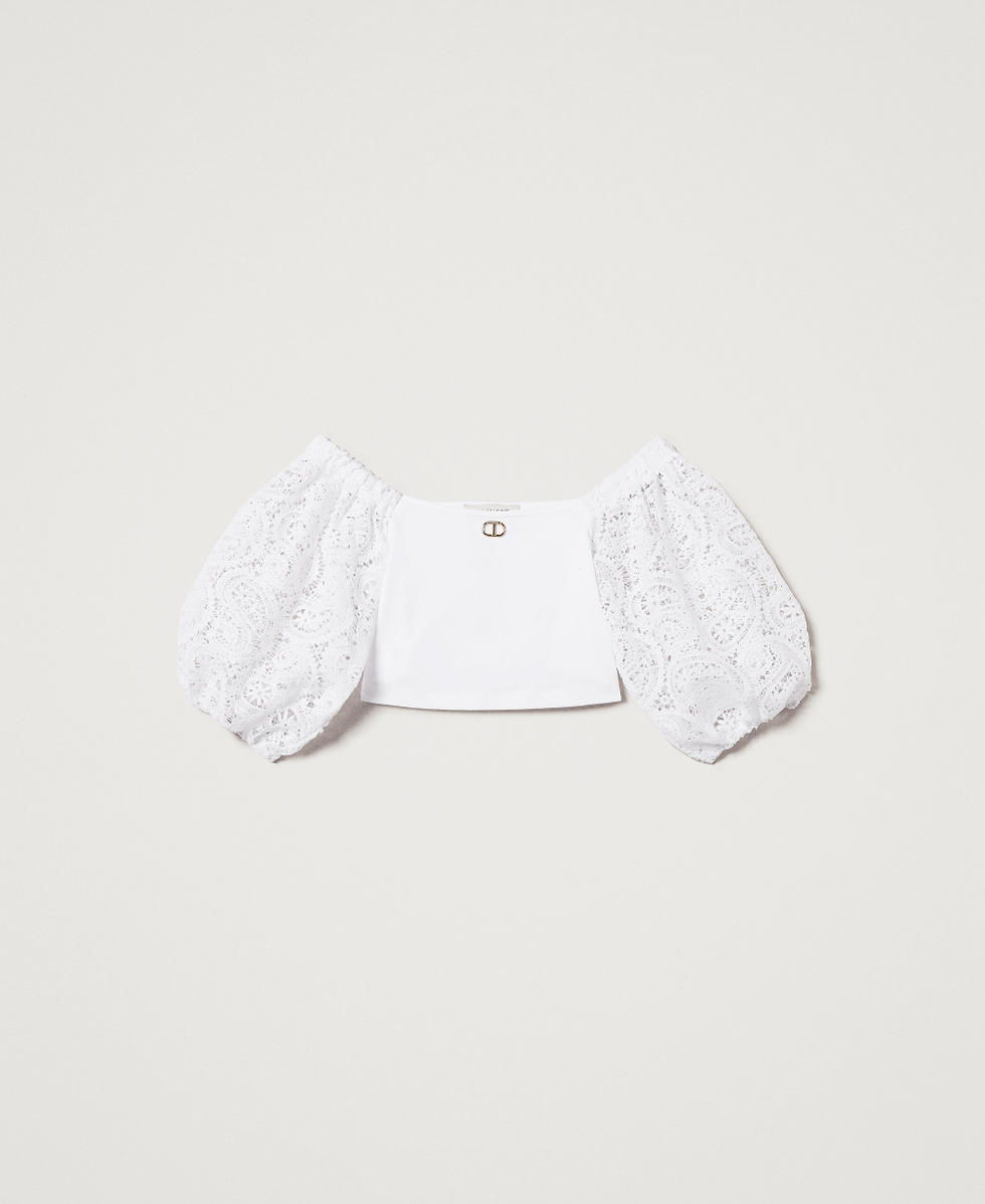 Top con mangas abullonadas de encaje macram&eacute; Blanco "Ice" Ni&ntilde;a 251GJ2QR9_00808_S0
