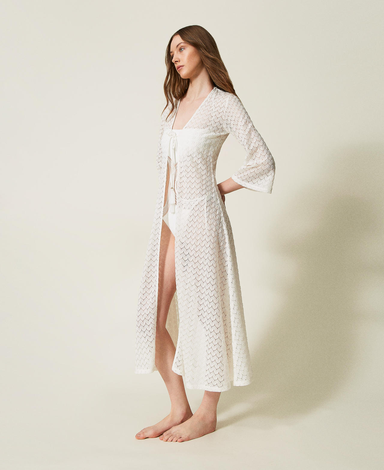Long fitted crochet kaftan Sugar White Woman 251LM2HDD_00632_02