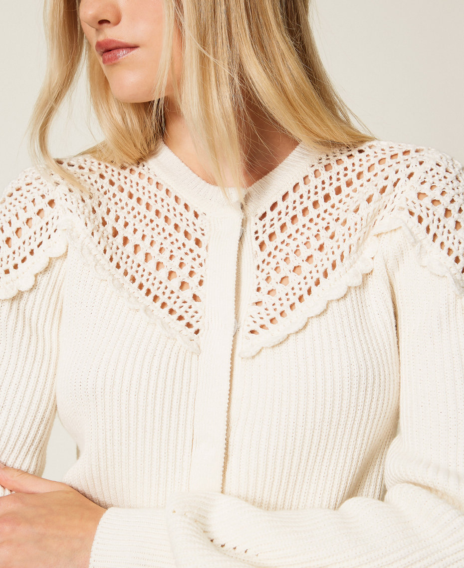 Wool blend cardigan with crochet details "Parchment" Beige Woman 252TP3100_07222_04