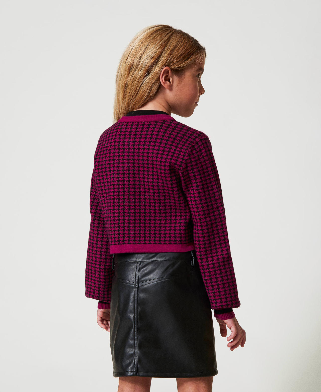 Jacquard knit jacket with houndstooth pattern Two-tone Magenta Purple / Black Girl 242GJ3100_11855_03