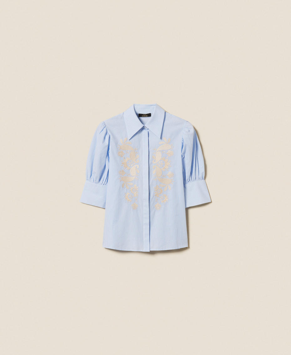Camicia a righe con ricamo Off White / Light Blue Embroidery Pinstripe Donna 261AT2030_13391_S0