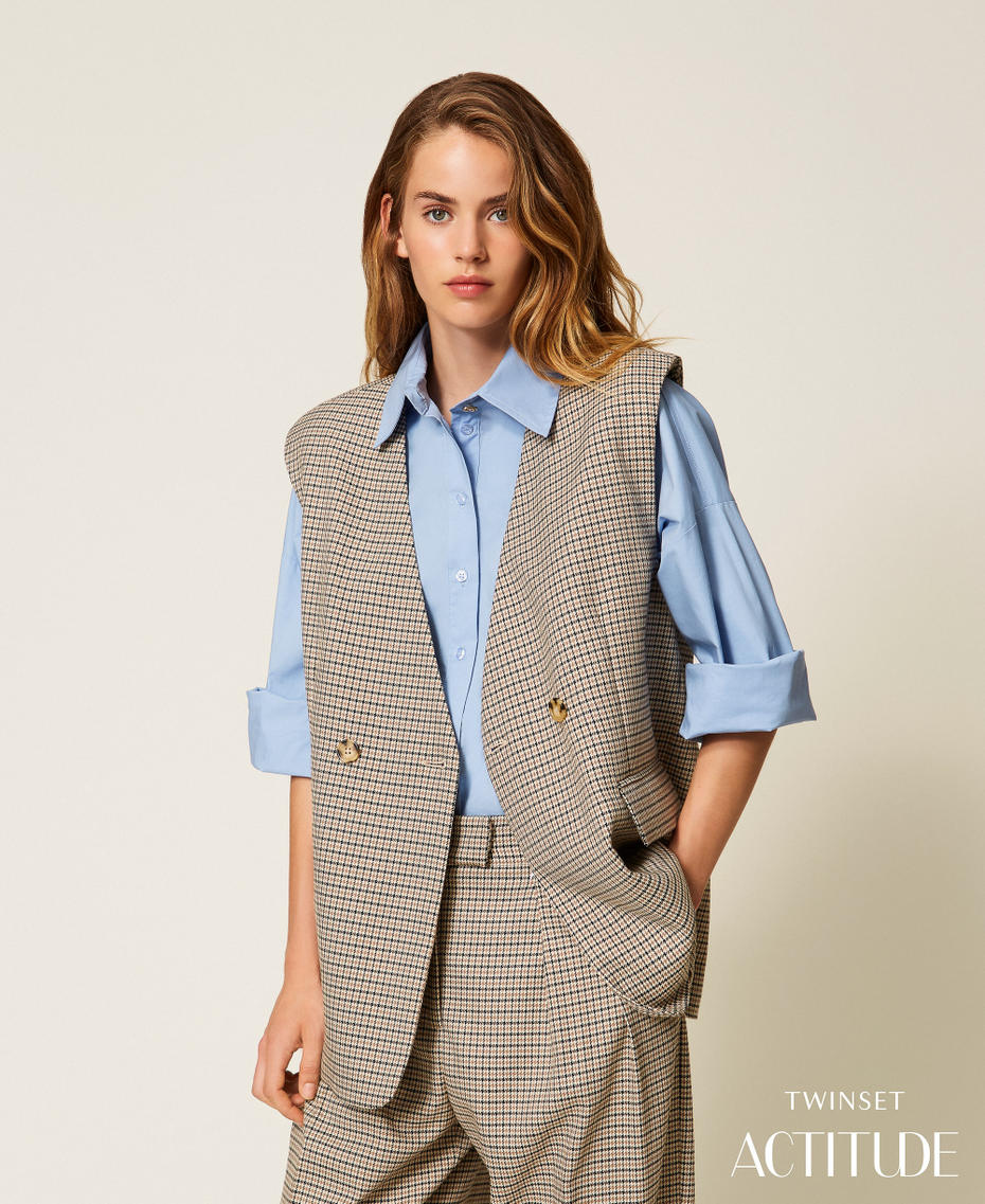 Double-breasted houndstooth sleeveless jacket Natural Houndstooth Woman 252AP2241_12667_PA