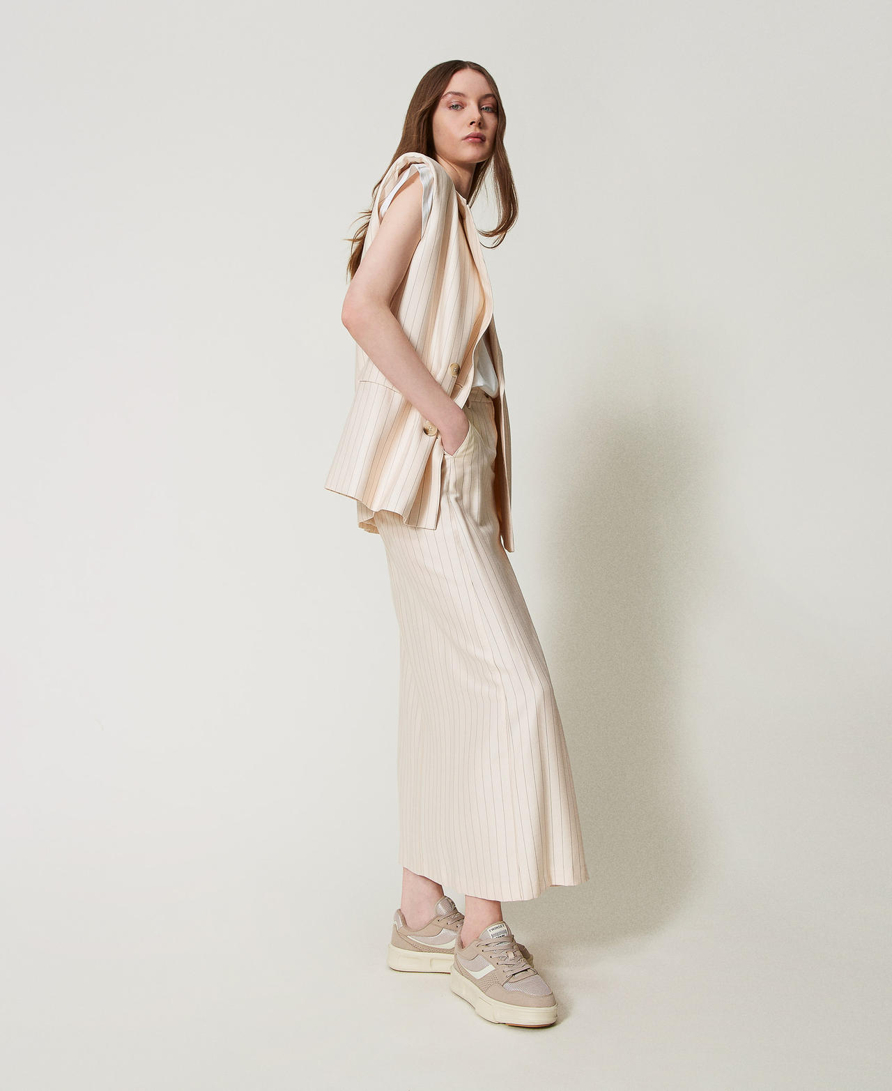 Jupe longue ray&eacute;e Rayure Beige/Noir Femme 251LL2AEE_12247_02