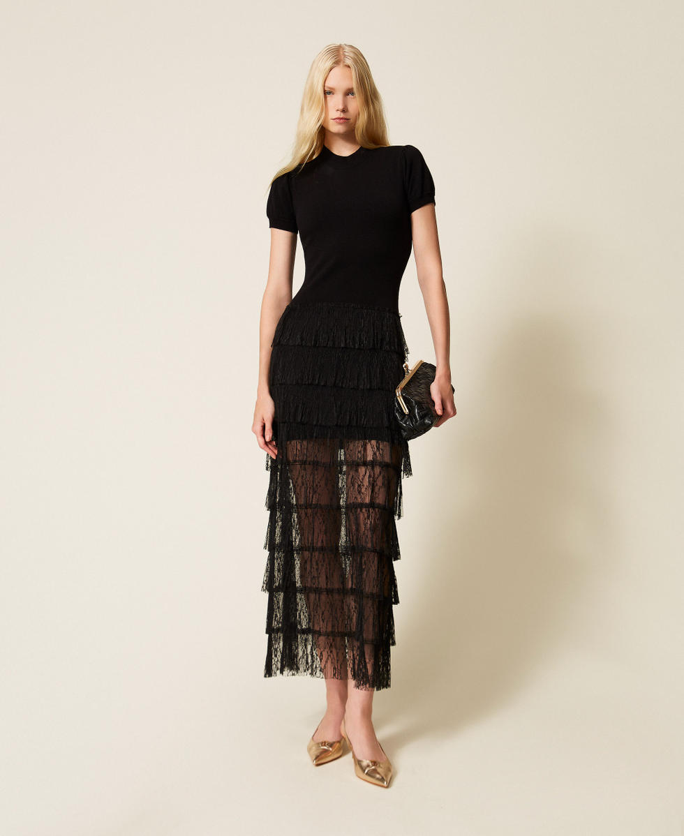 Long knit dress with plumetis lace