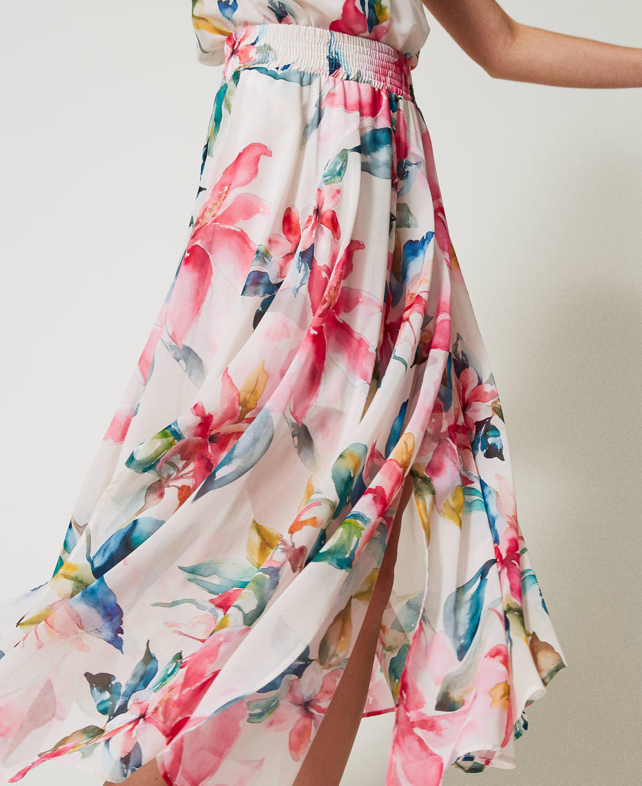 Long georgette skirt with floral print Mother of Pearl/Multicolour Floral Print Woman 251LB2ZFF_12194_04