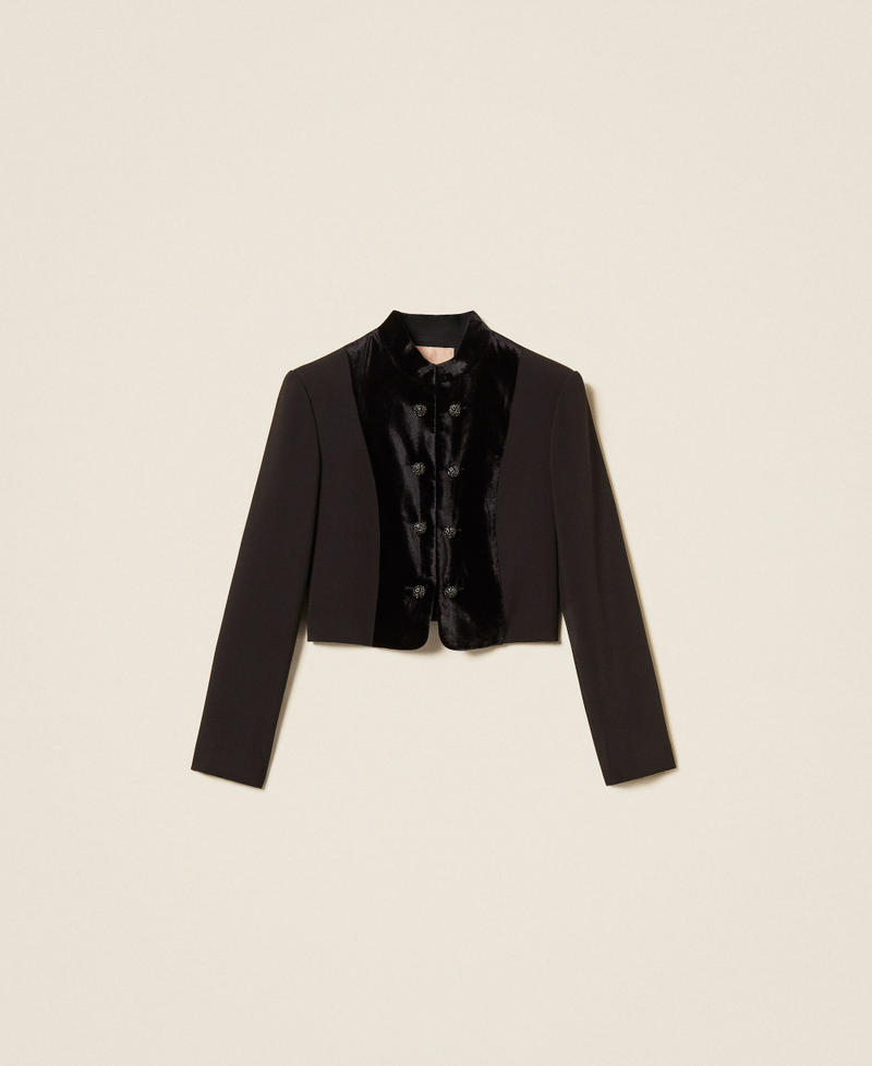 Spenzer-Jacke aus Cr&ecirc;pe und Samt Schwarz Frau 262TT2422_00006_S0