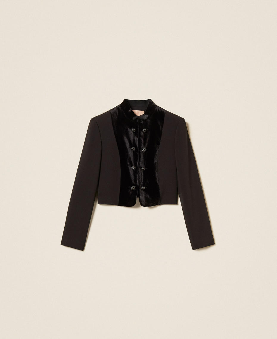 Spenzer-Jacke aus Cr&ecirc;pe und Samt Schwarz Frau 262TT2422_00006_S0