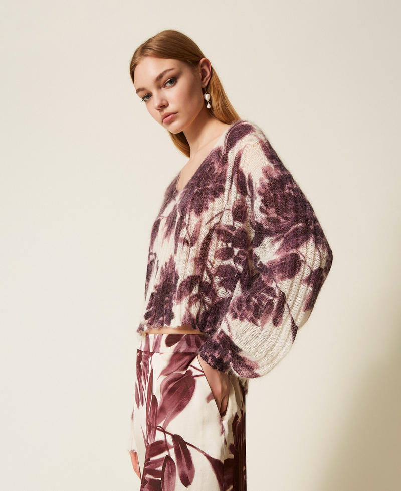 Mohair blend jumper with floral print Winetasting/Old White Dahlia Print Woman 252TP3591_12785_02