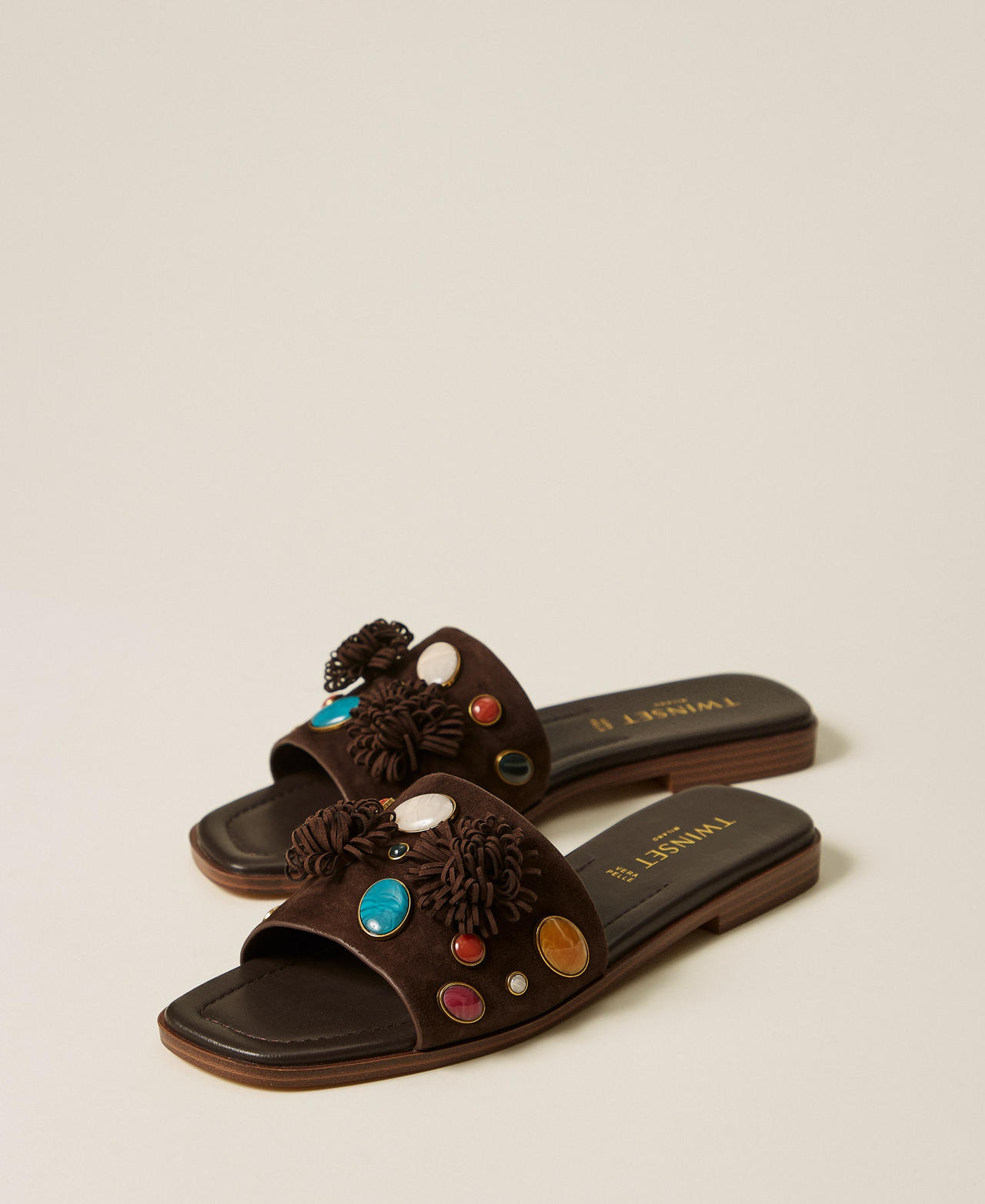 Suede slides with decorative stones Coffee Liqueur Woman 261TGT062_12110_02